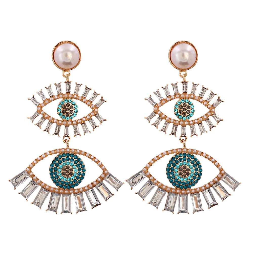 Bejeweled Love Heart Evil Eye Drop Earrings - Glova