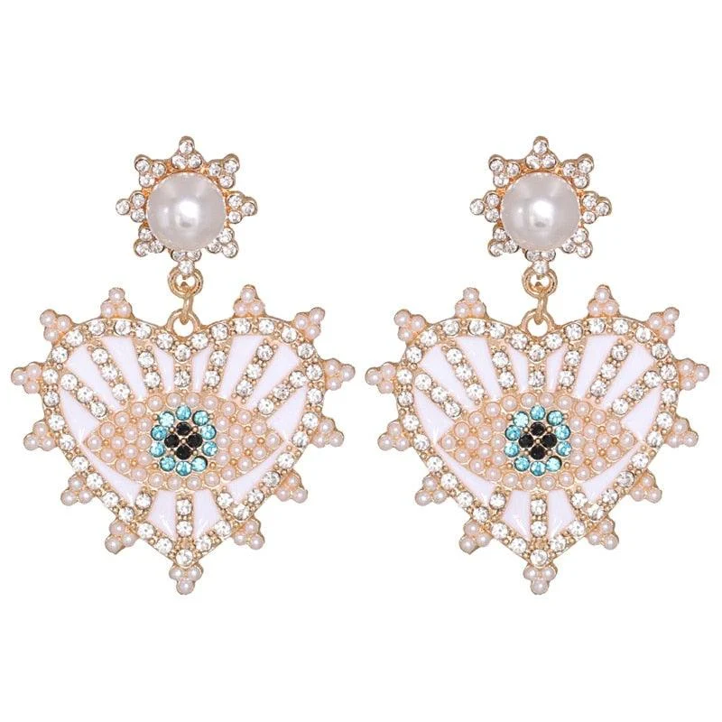 Bejeweled Love Heart Evil Eye Drop Earrings - Glova