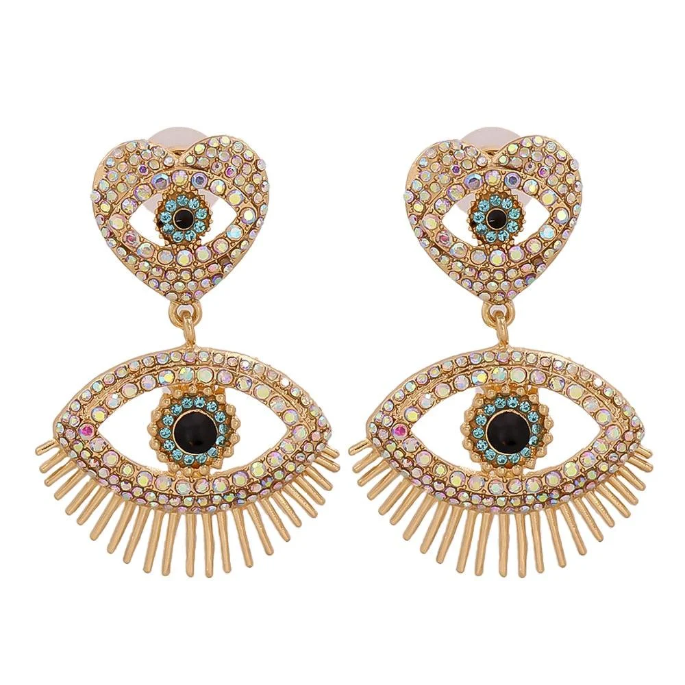 Bejeweled Love Heart Evil Eye Drop Earrings - Glova