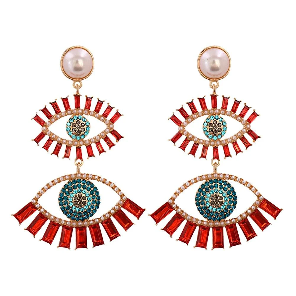 Bejeweled Love Heart Evil Eye Drop Earrings - Glova