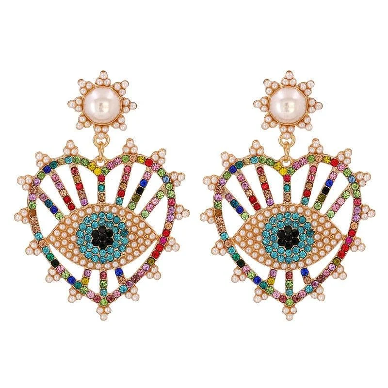 Bejeweled Love Heart Evil Eye Drop Earrings - Glova