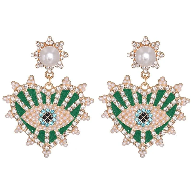 Bejeweled Love Heart Evil Eye Drop Earrings - Glova