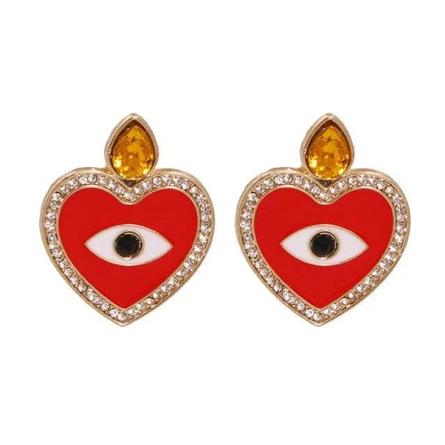 Bejeweled Love Heart Evil Eye Drop Earrings - Glova