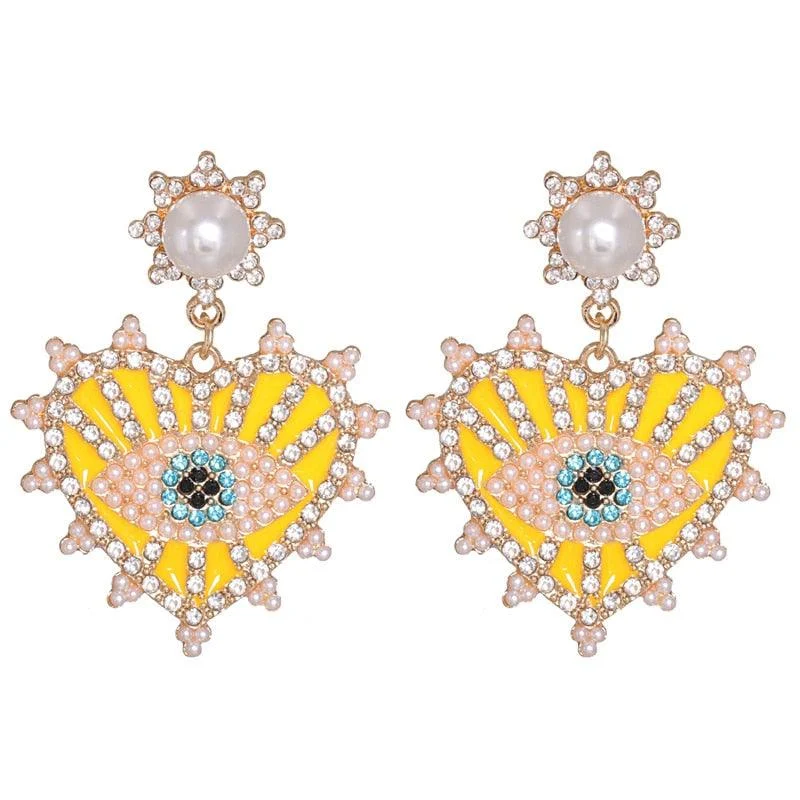 Bejeweled Love Heart Evil Eye Drop Earrings - Glova