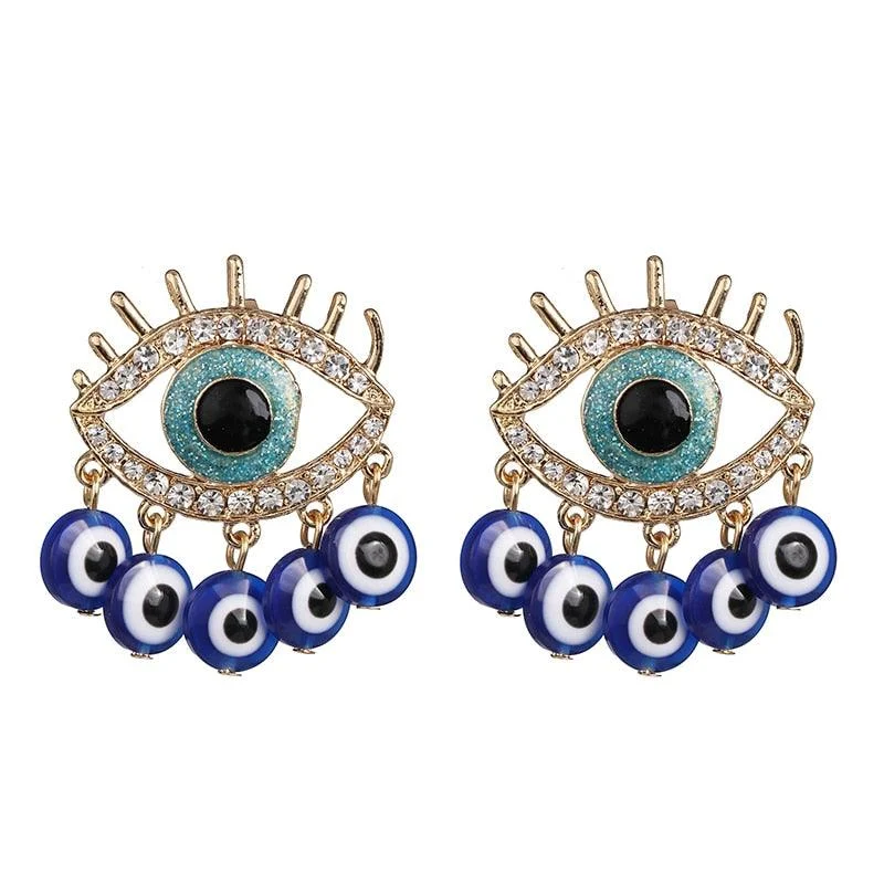 Bejeweled Love Heart Evil Eye Drop Earrings - Glova