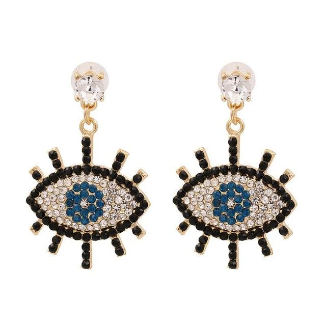 Bejeweled Love Heart Evil Eye Drop Earrings - Glova