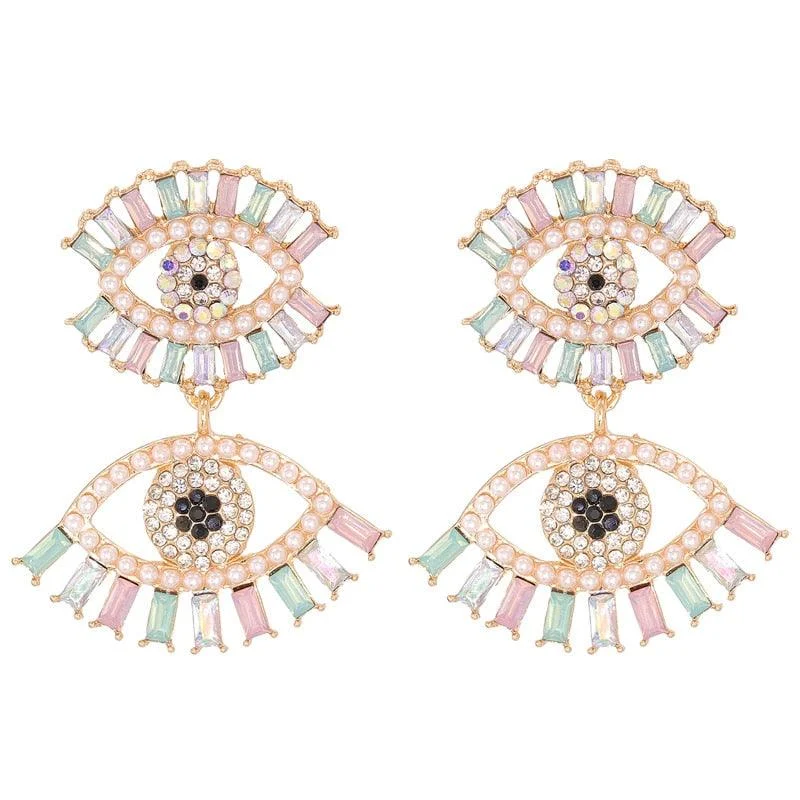 Bejeweled Love Heart Evil Eye Drop Earrings - Glova