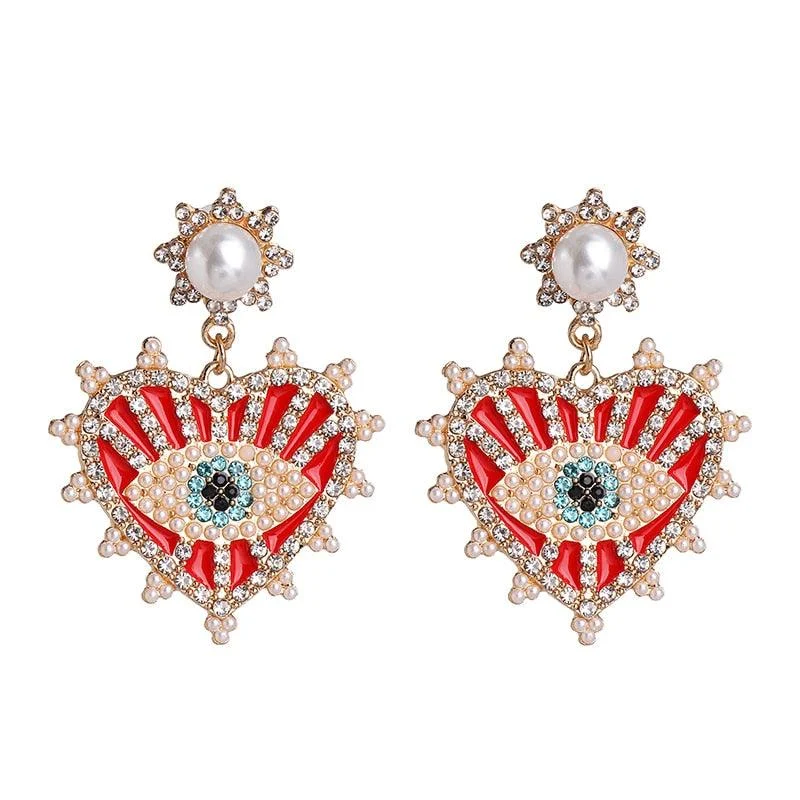 Bejeweled Love Heart Evil Eye Drop Earrings - Glova