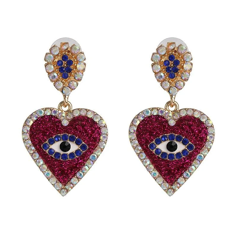 Bejeweled Love Heart Evil Eye Drop Earrings - Glova