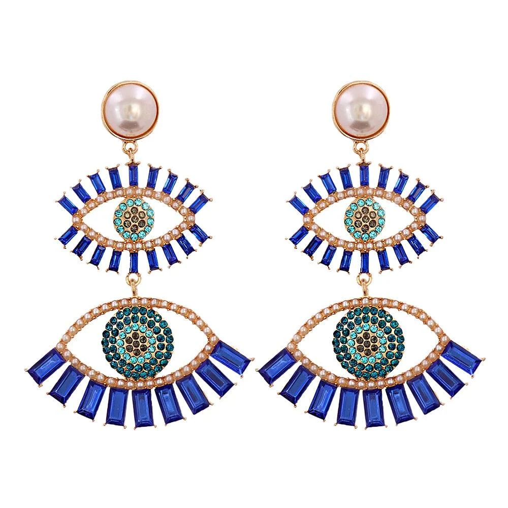 Bejeweled Love Heart Evil Eye Drop Earrings - Glova