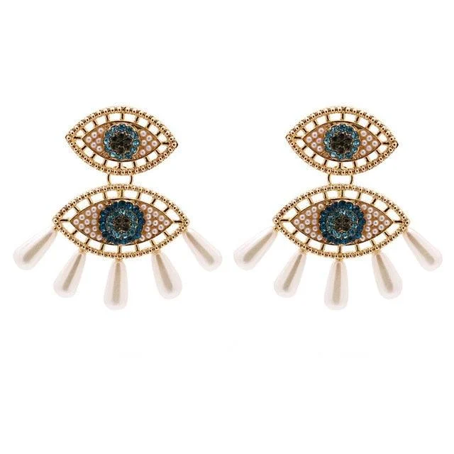 Bejeweled Love Heart Evil Eye Drop Earrings - Glova