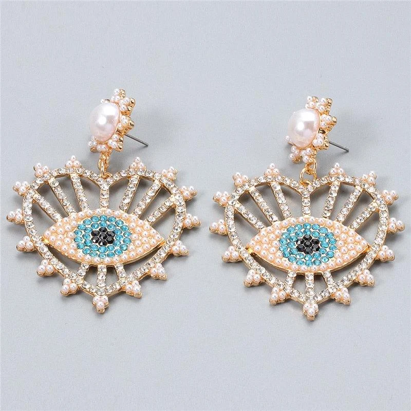 Bejeweled Love Heart Evil Eye Drop Earrings - Glova