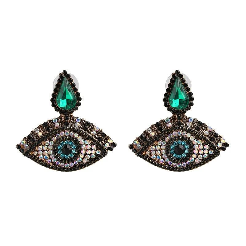 Bejeweled Love Heart Evil Eye Drop Earrings - Glova