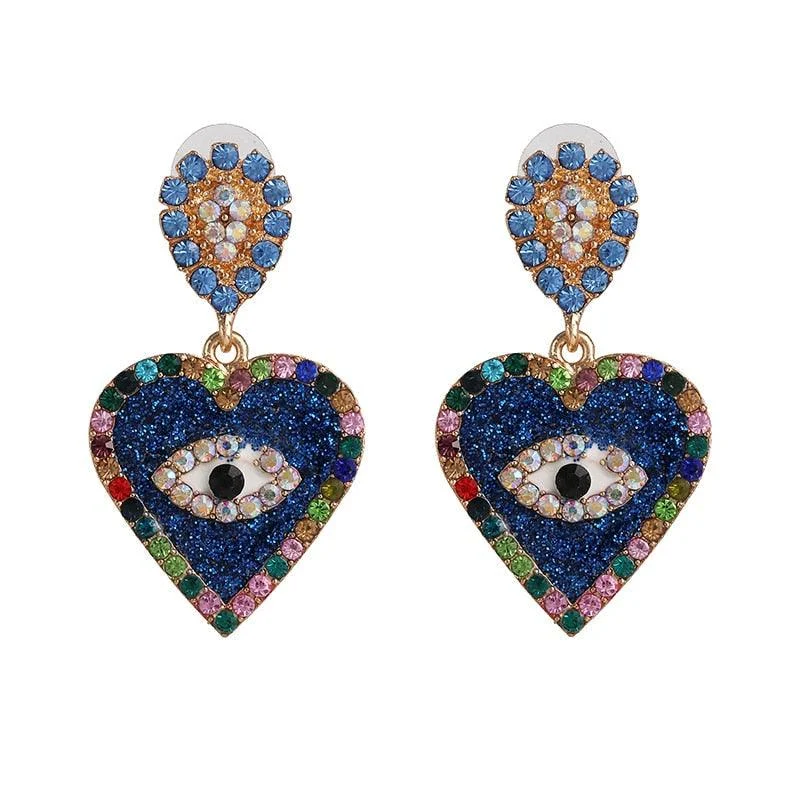 Bejeweled Love Heart Evil Eye Drop Earrings - Glova