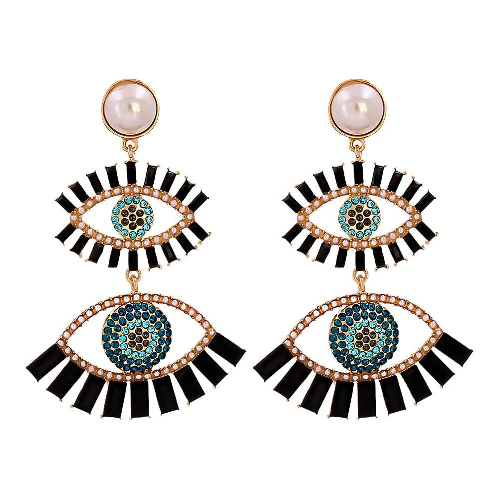 Bejeweled Love Heart Evil Eye Drop Earrings - Glova