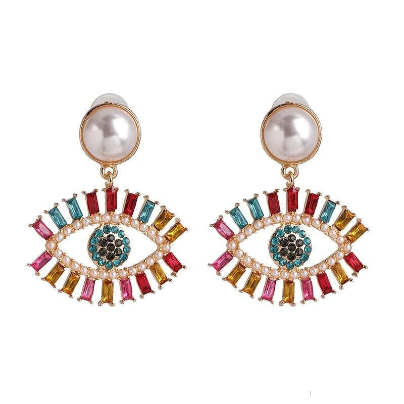 Bejeweled Love Heart Evil Eye Drop Earrings - Glova