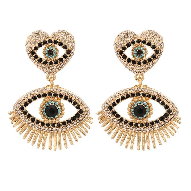 Bejeweled Love Heart Evil Eye Drop Earrings - Glova