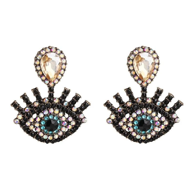 Bejeweled Love Heart Evil Eye Drop Earrings - Glova