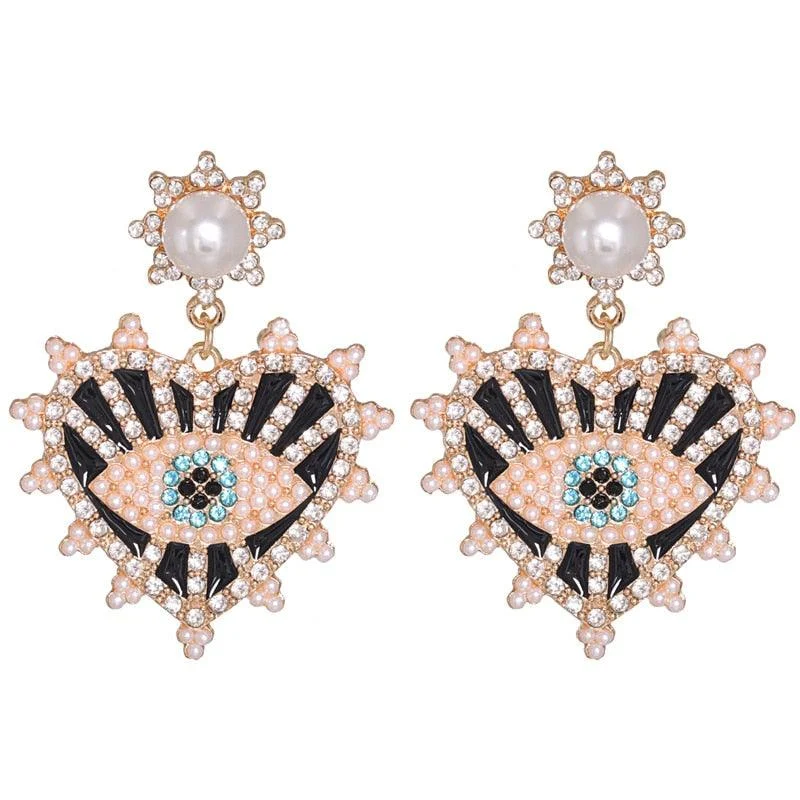 Bejeweled Love Heart Evil Eye Drop Earrings - Glova