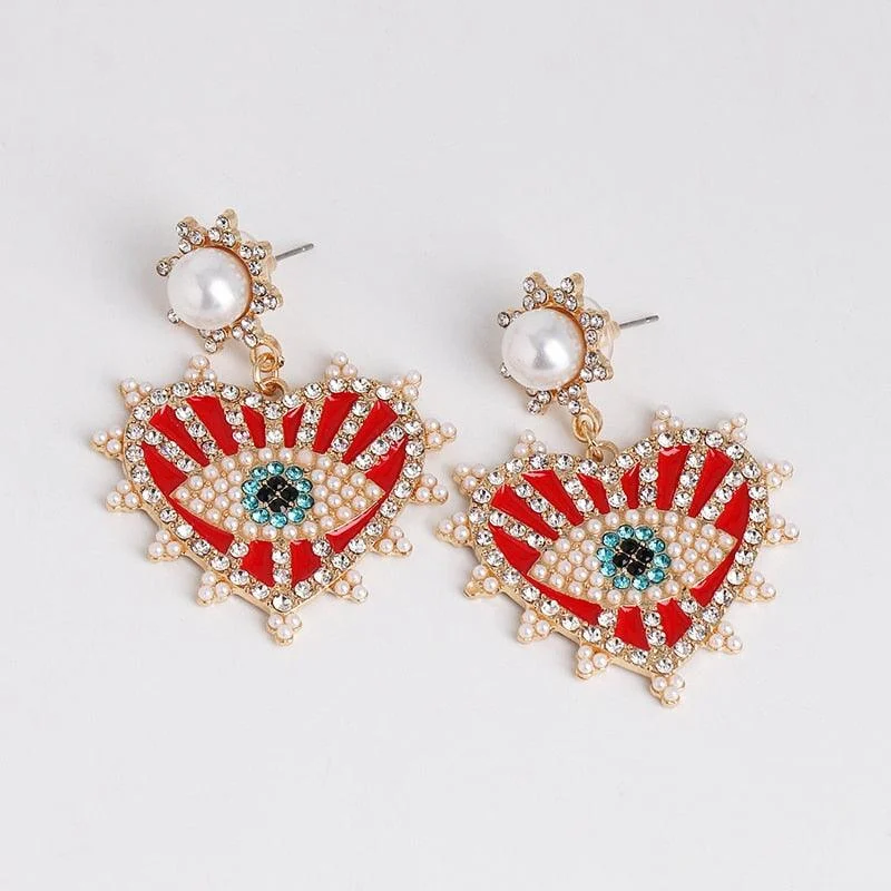 Bejeweled Love Heart Evil Eye Drop Earrings - Glova