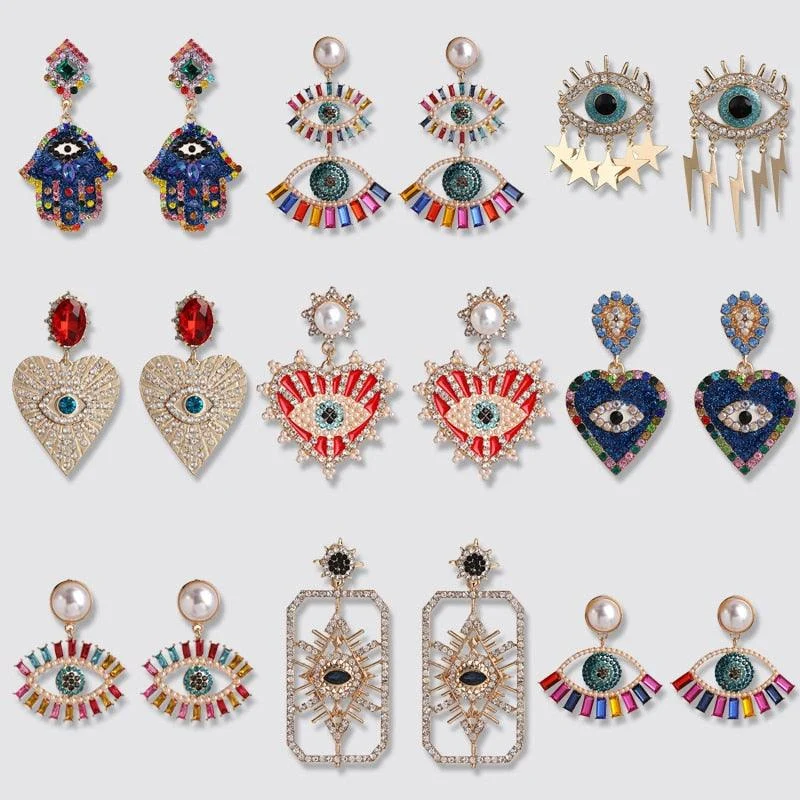 Bejeweled Love Heart Evil Eye Drop Earrings - Glova