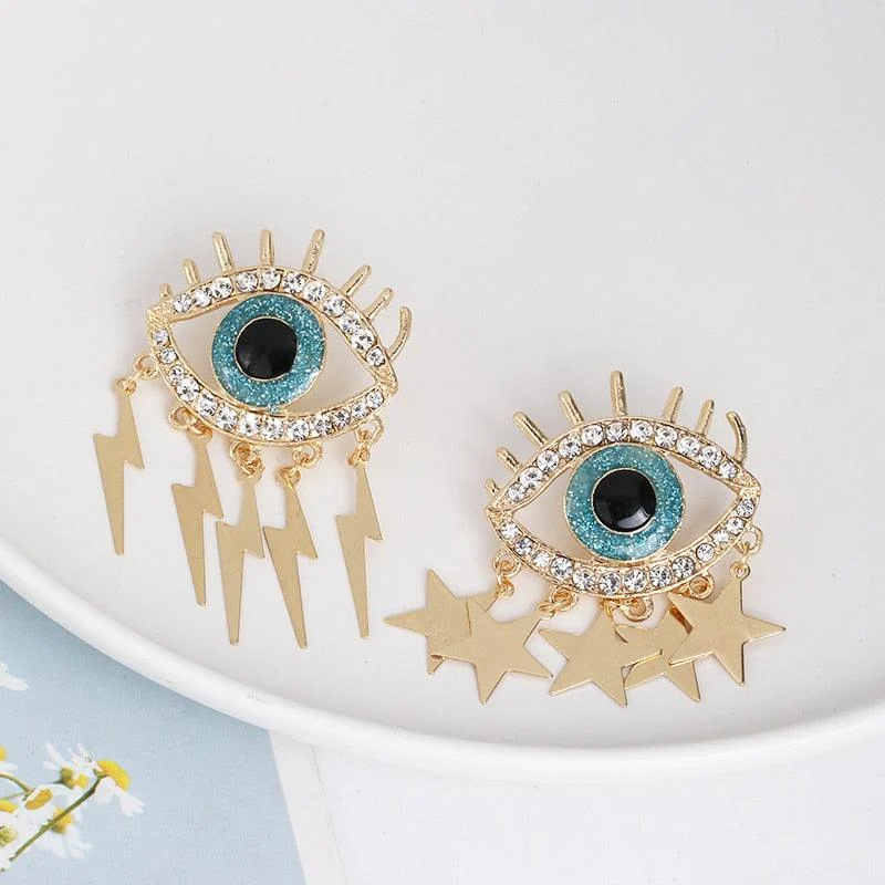 Bejeweled Love Heart Evil Eye Drop Earrings - Glova