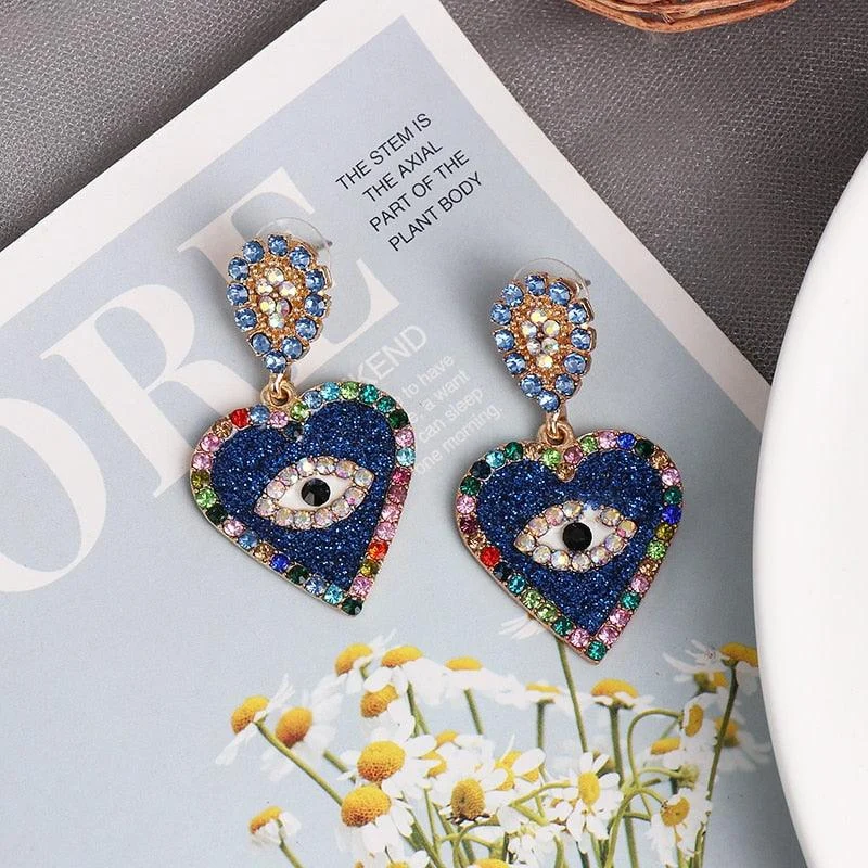 Bejeweled Love Heart Evil Eye Drop Earrings - Glova