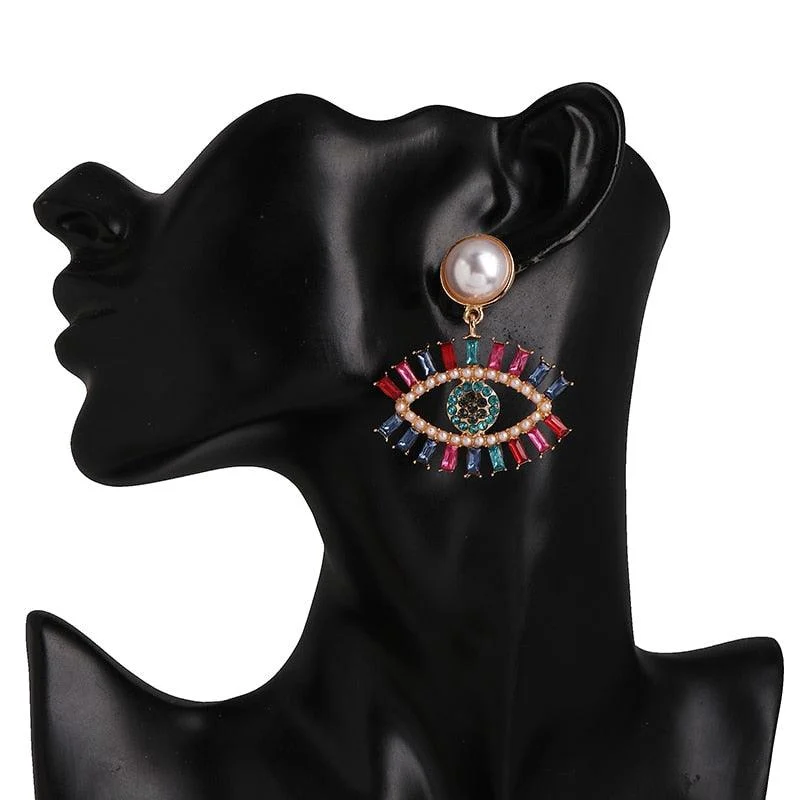 Bejeweled Love Heart Evil Eye Drop Earrings - Glova