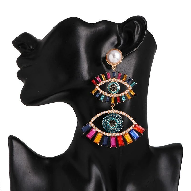 Bejeweled Love Heart Evil Eye Drop Earrings - Glova