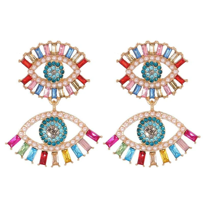 Bejeweled Love Heart Evil Eye Drop Earrings - Glova