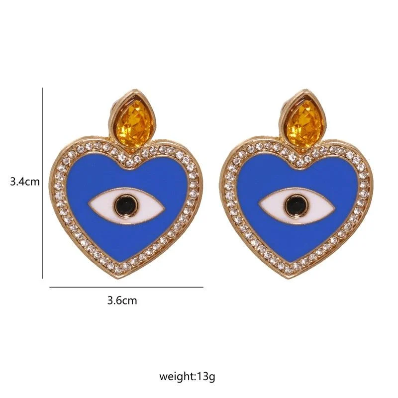 Bejeweled Love Heart Evil Eye Drop Earrings - Glova