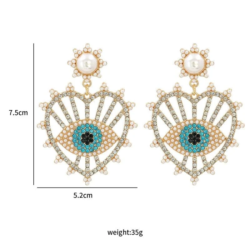 Bejeweled Love Heart Evil Eye Drop Earrings - Glova