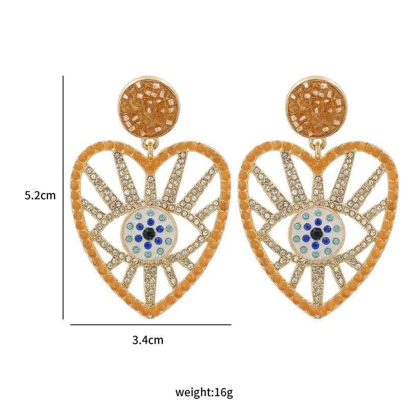 Bejeweled Love Heart Evil Eye Drop Earrings - Glova