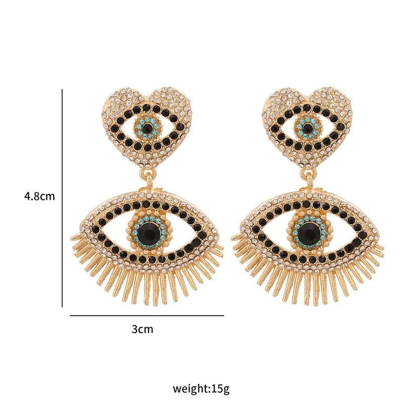 Bejeweled Love Heart Evil Eye Drop Earrings - Glova