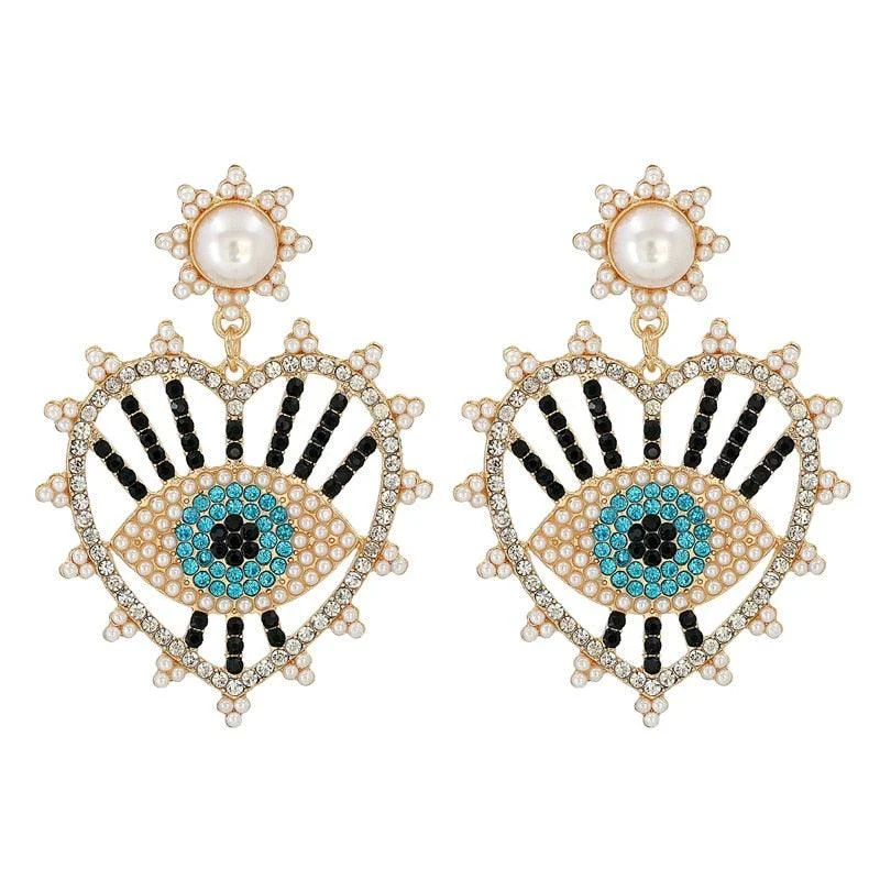 Bejeweled Love Heart Evil Eye Drop Earrings - Glova