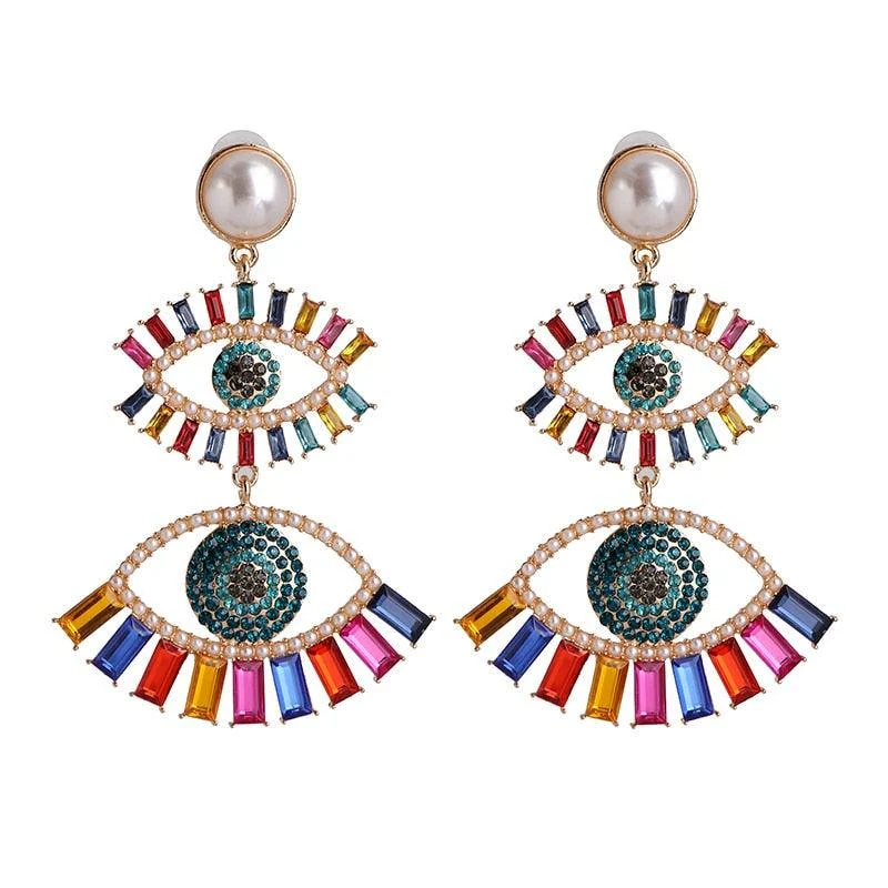 Bejeweled Love Heart Evil Eye Drop Earrings - Glova