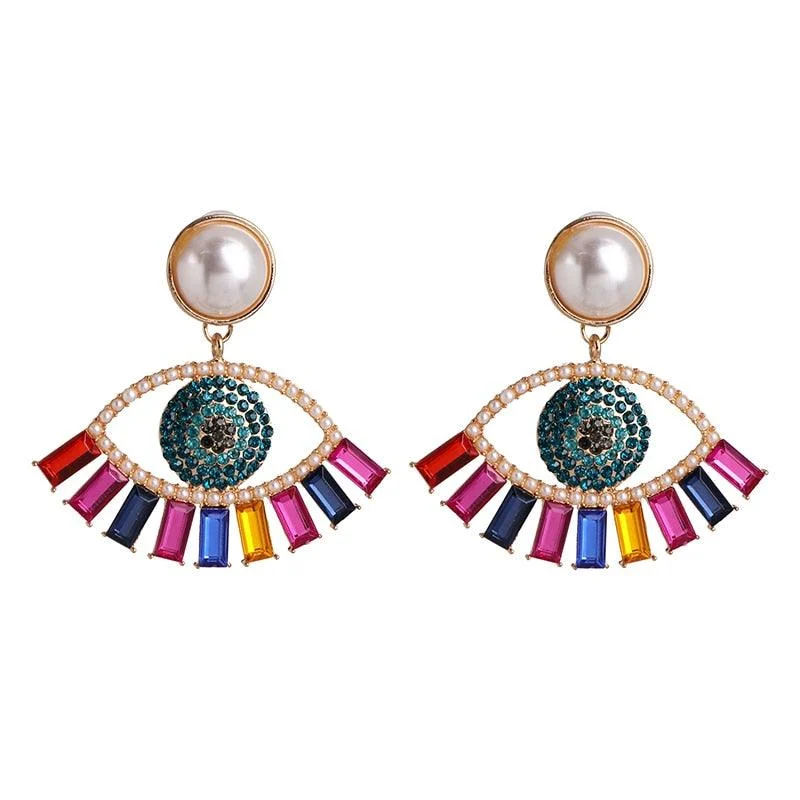 Bejeweled Love Heart Evil Eye Drop Earrings - Glova