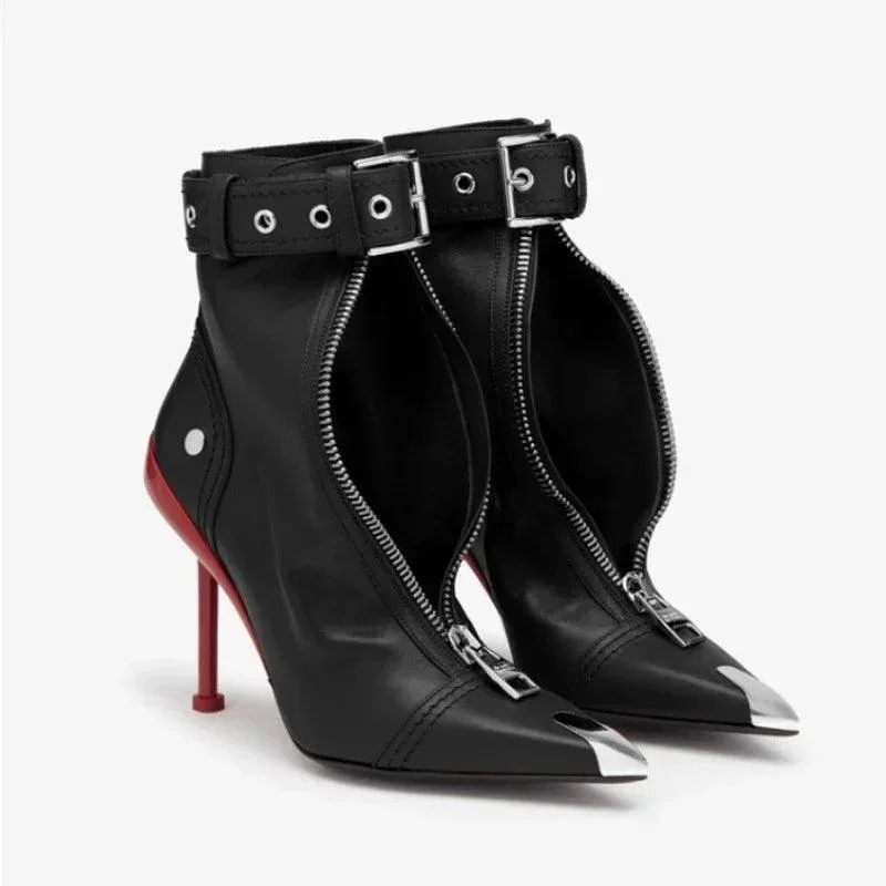 Belt Buckle Front Zipper Pointed Metal Ankle Boots - Glova