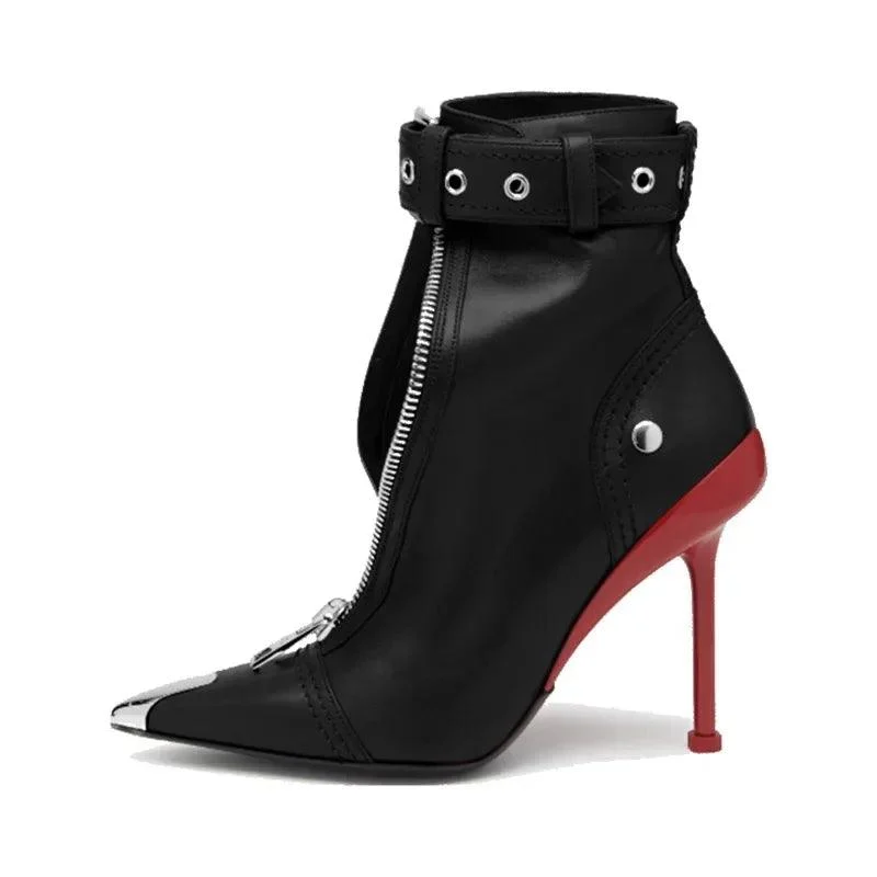 Belt Buckle Front Zipper Pointed Metal Ankle Boots - Glova