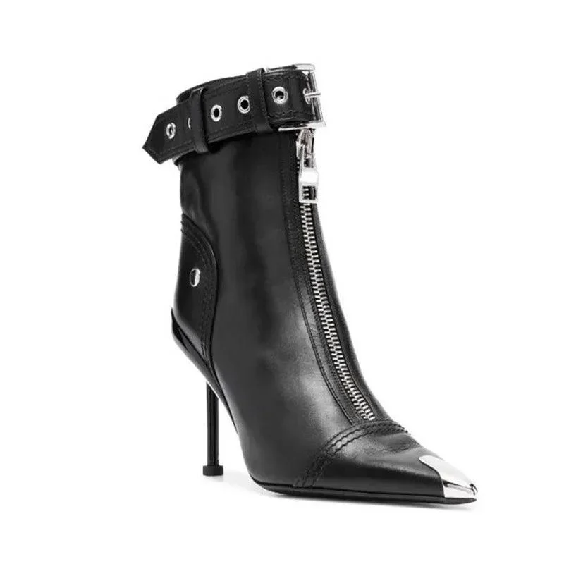 Belt Buckle Front Zipper Pointed Metal Ankle Boots - Glova