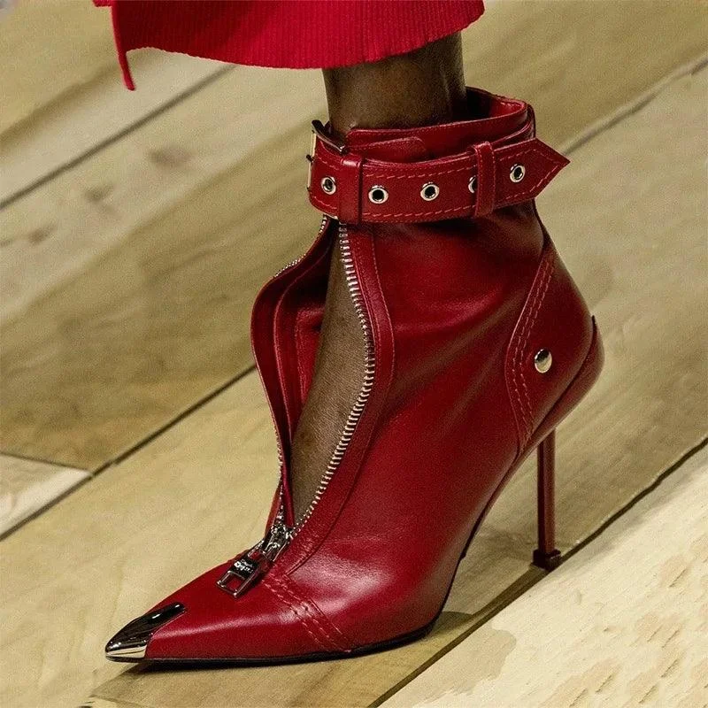 Belt Buckle Front Zipper Pointed Metal Ankle Boots - Glova