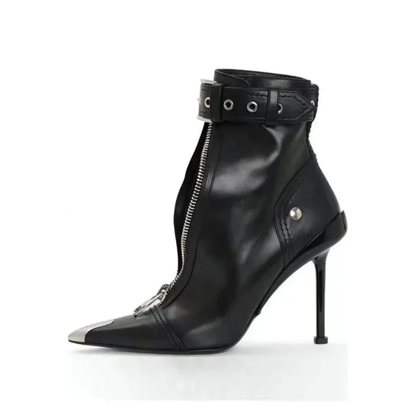 Belt Buckle Front Zipper Pointed Metal Ankle Boots - Glova