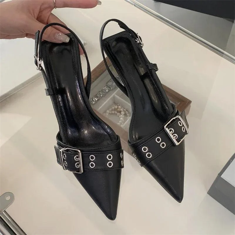 Belt Buckle Strap Pointed Toe Pumps Mule Low Heels Sandals - Glova