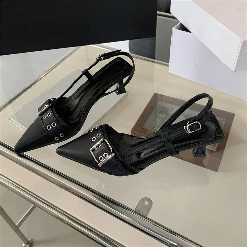 Belt Buckle Strap Pointed Toe Pumps Mule Low Heels Sandals - Glova