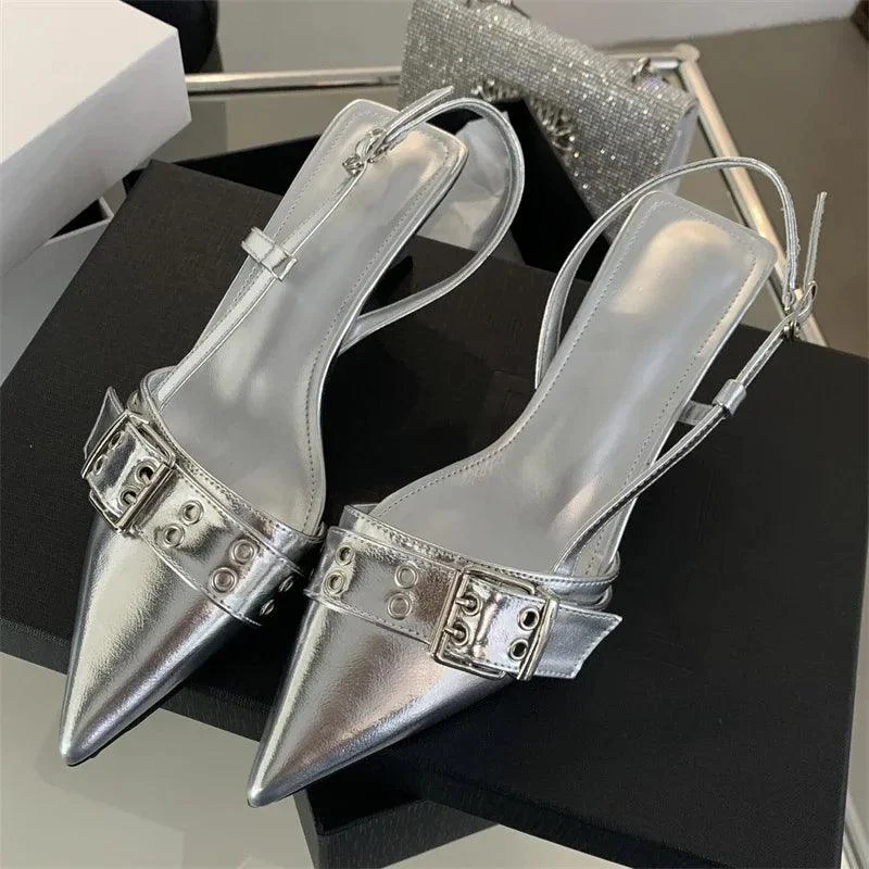 Belt Buckle Strap Pointed Toe Pumps Mule Low Heels Sandals - Glova