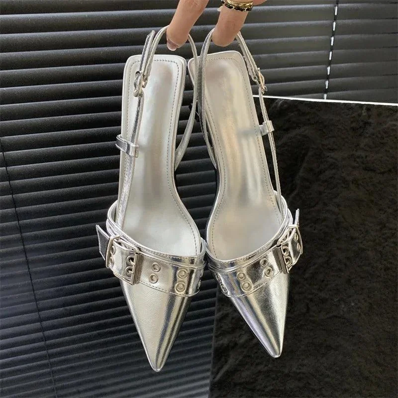 Belt Buckle Strap Pointed Toe Pumps Mule Low Heels Sandals - Glova