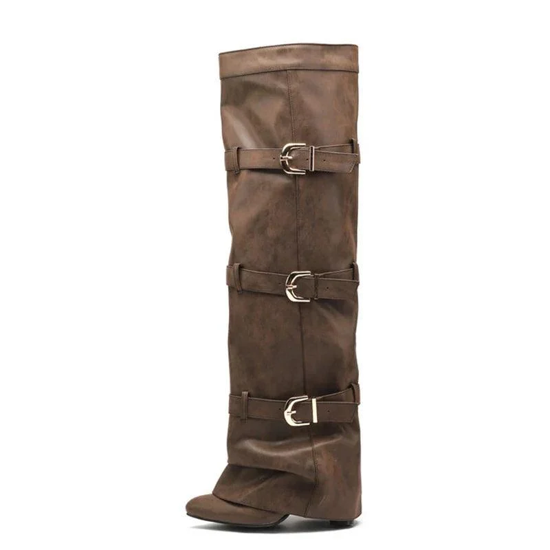 Belt Buckles Overlay Knee High Boots Folded Soft Suede Long Booties - Glova