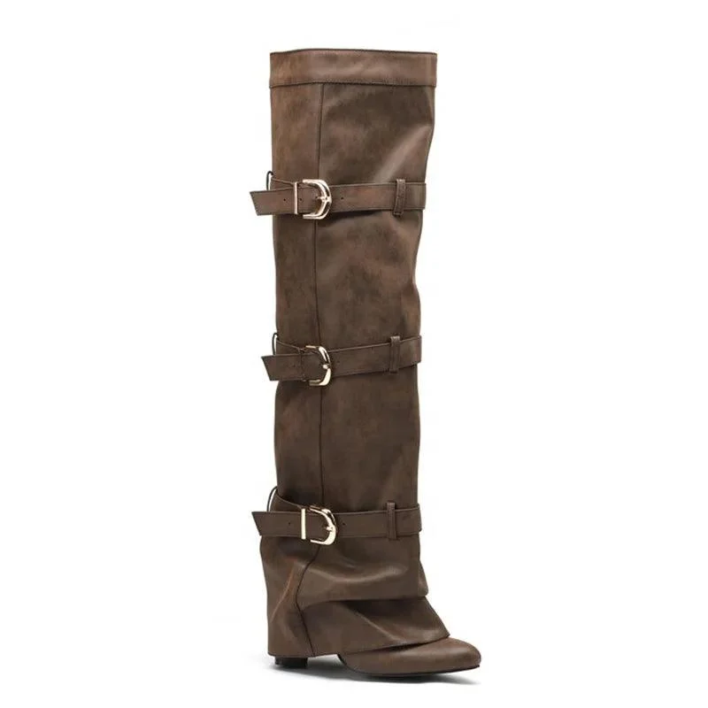 Belt Buckles Overlay Knee High Boots Folded Soft Suede Long Booties - Glova