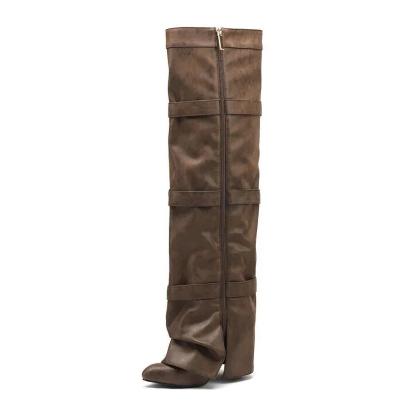 Belt Buckles Overlay Knee High Boots Folded Soft Suede Long Booties - Glova