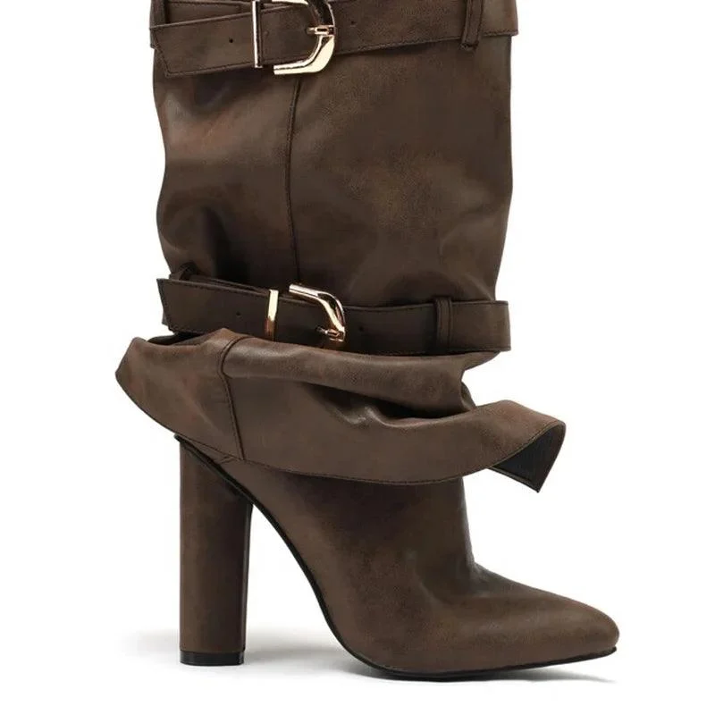 Belt Buckles Overlay Knee High Boots Folded Soft Suede Long Booties - Glova